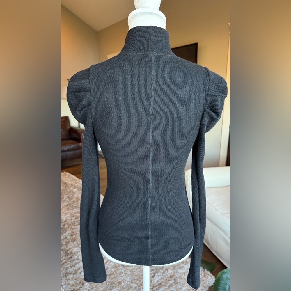 Free People XS Black Mock Neck Long Sleeve Top With Puff Sleeve - Picture 3 of 7